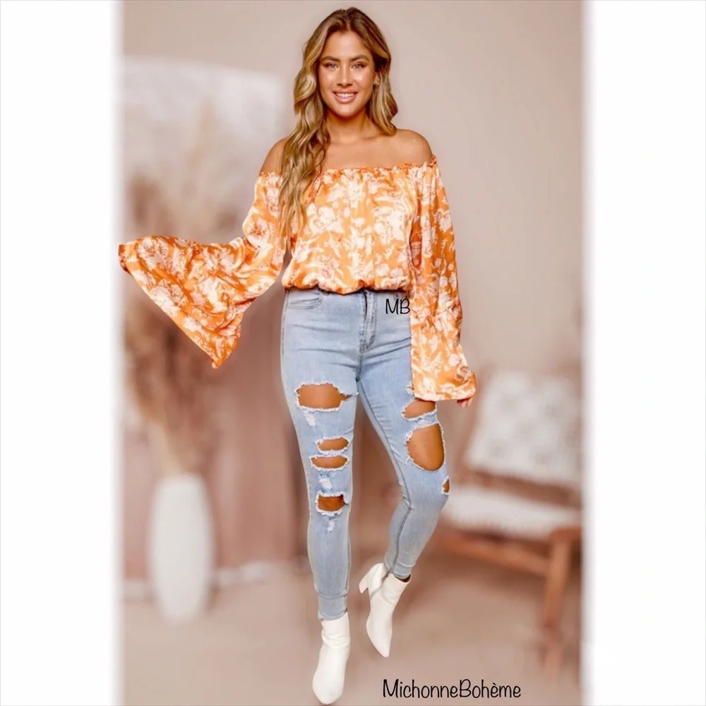 Orange Spring Floral Crop Top Blouse - Picture 6 of 11